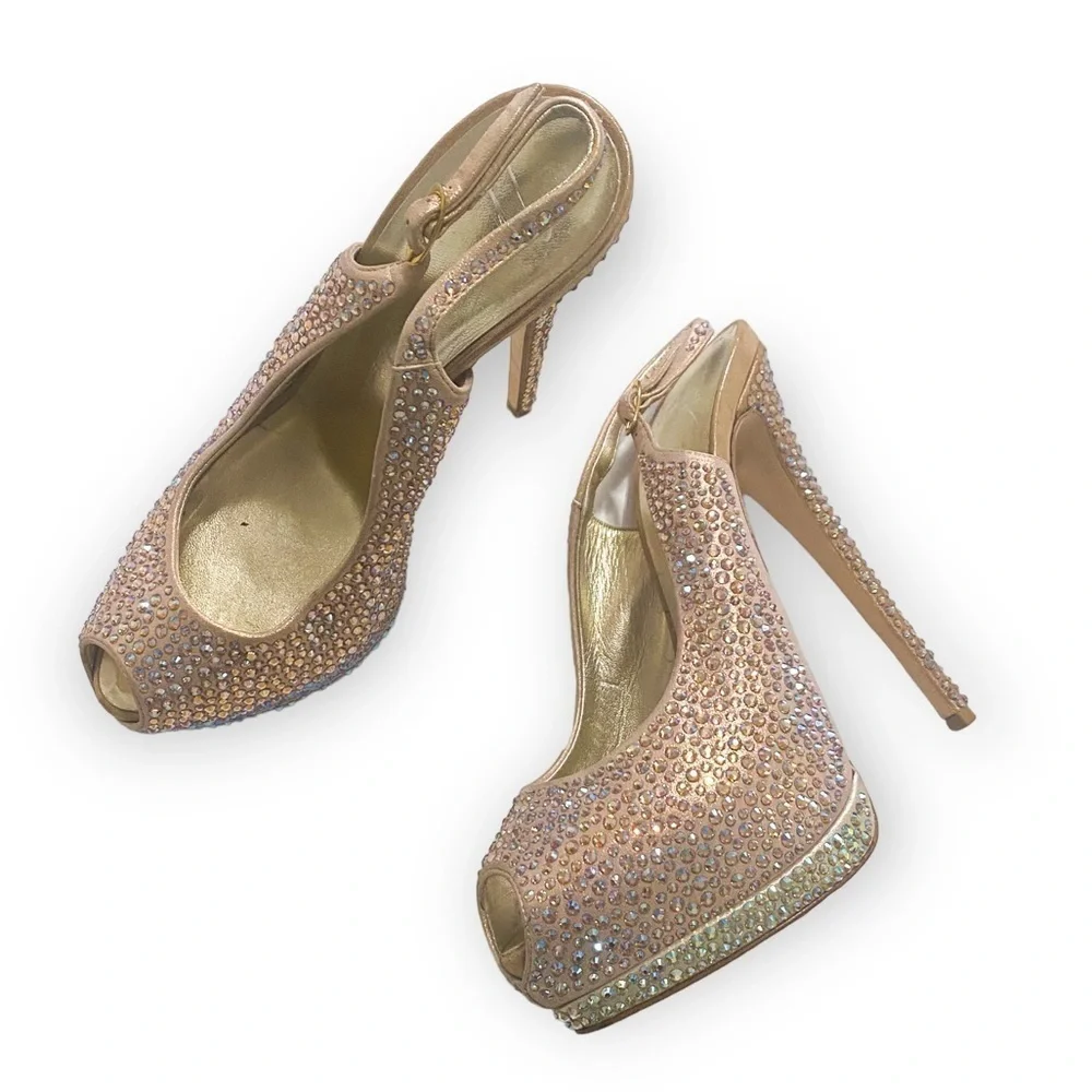 Giuseppe Zanotti Crystallized Platform Slingback Peep Toe Pumps, Size 39.5EU‎